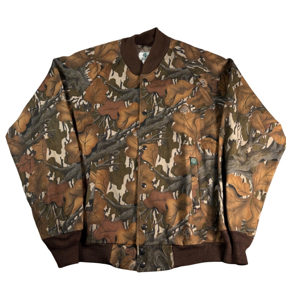 Vintage Mossy Oak Camo Bomber Jacket Mens Large Brown Cotton Snap Front Hunting